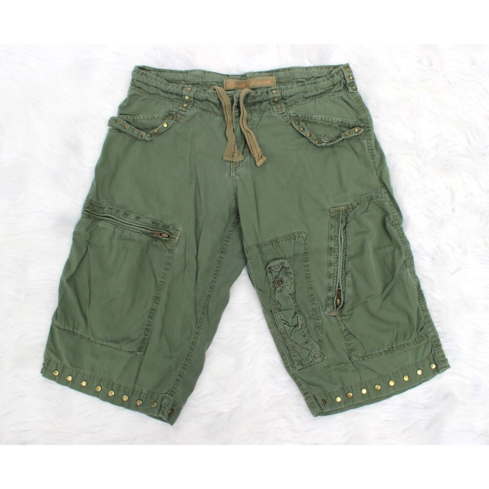 Lani Lani Womens Cargo Shorts With Stud Accents & Drawstring Waist L Cotton Gree